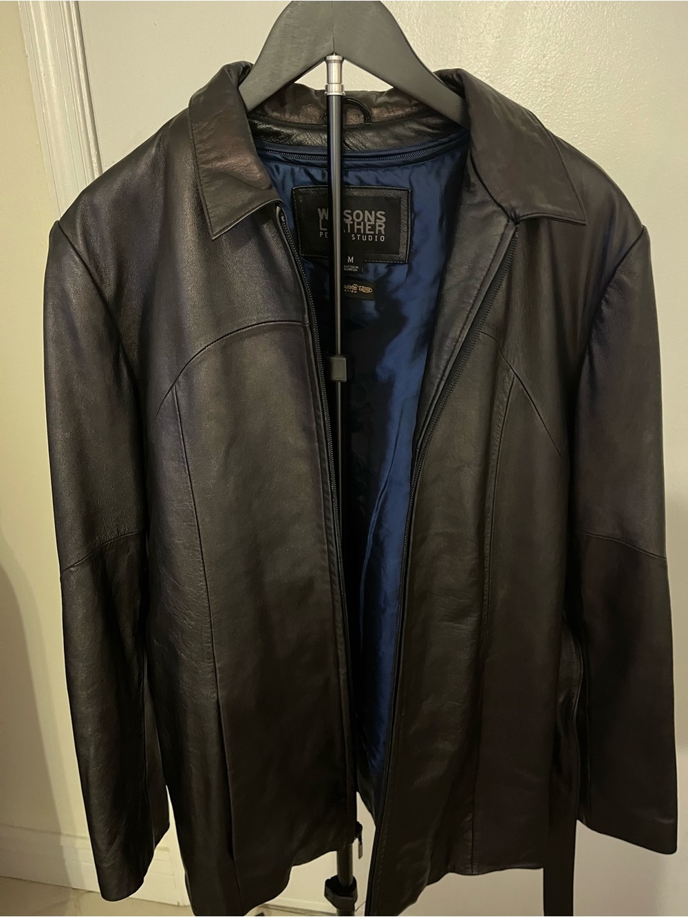 Wilsons Leather Men's Black Leather Shirt Jacket with Navy Lining Medium